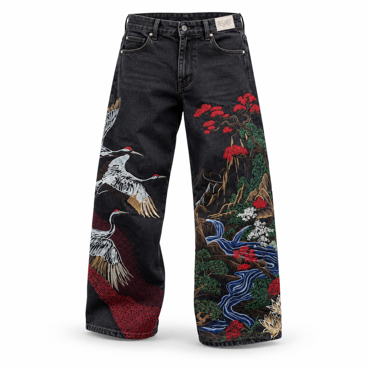 THREAD77 Japanese Crane Embroidered Wide-Leg Denim Jeans – Black
