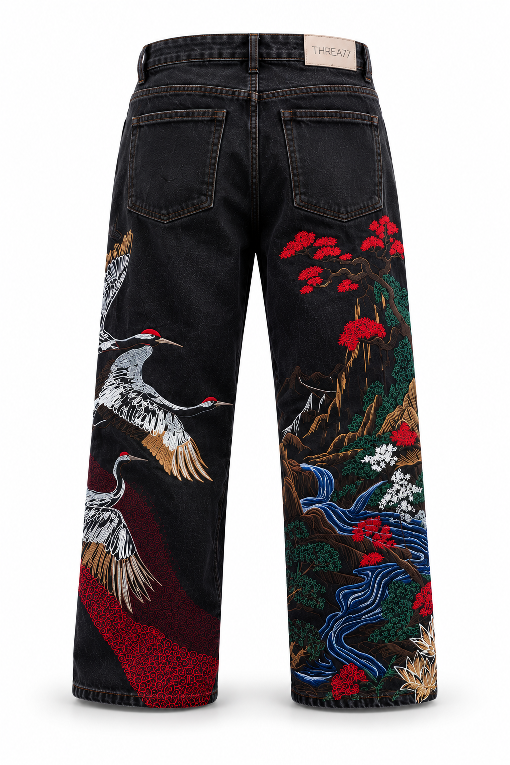 THREAD77 Japanese Crane Embroidered Wide-Leg Denim Jeans – Black