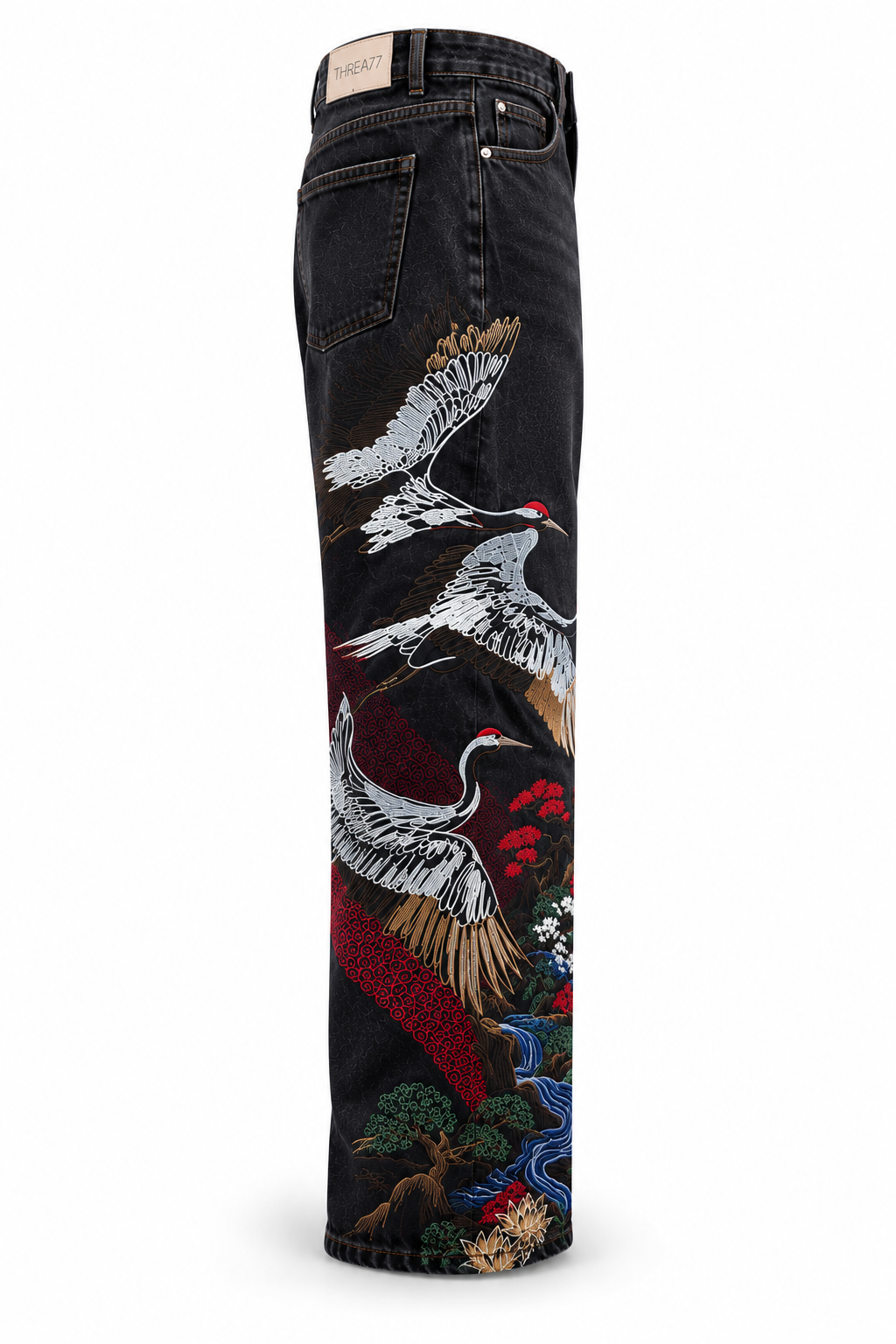 THREAD77 Japanese Crane Embroidered Wide-Leg Denim Jeans – Black